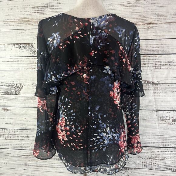 White House Black Market Blouse Tunic sz 4 Black Blue Pink Floral Sheer Ruffles - Picture 8 of 9